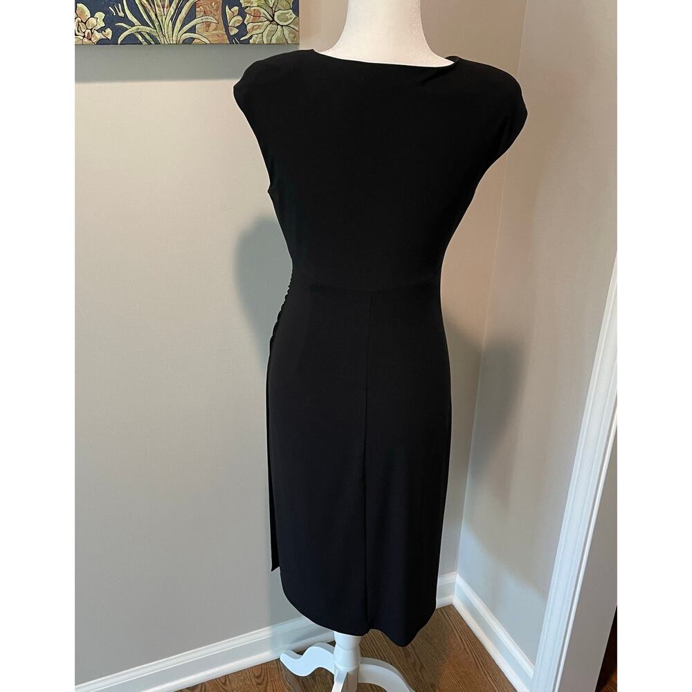 Lauren Ralph Lauren Faux Wrap Sheath Dress Black Ruched Sz 8 Cap Sleeves Career - Picture 3 of 12